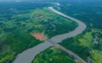 Aerial shot of the newly built, EU funded Magbele bridge, Masiaka-Rogbere Highway, North-Western Province, Sierra Leone.